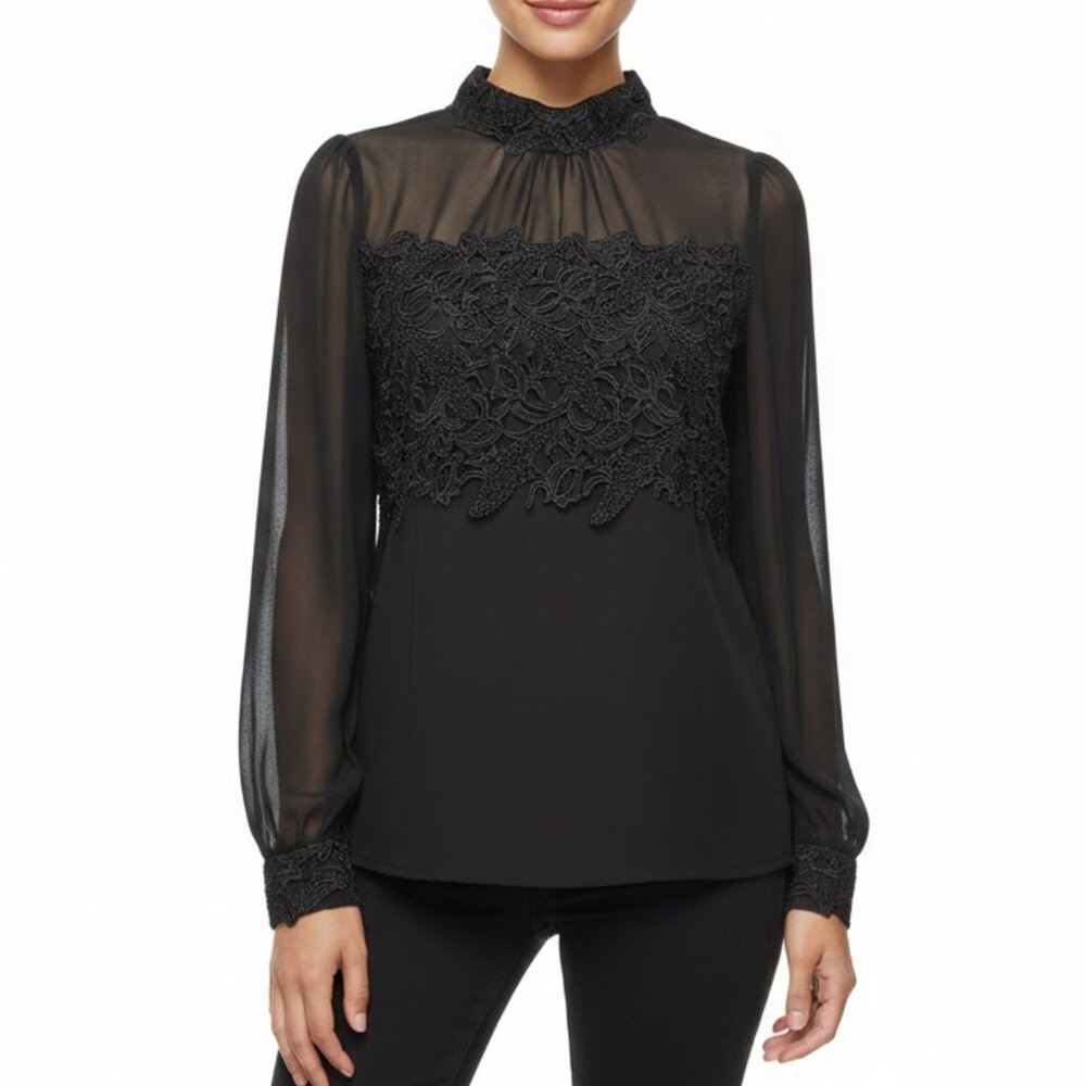Double Zero Women's Black Lace Sheer Mock Neck Blouse Top Style Size Small